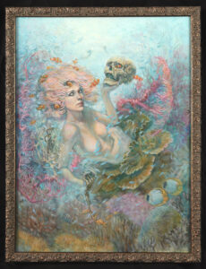 Oil painting of a coral fairy with its frame.