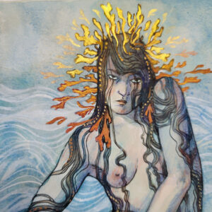 Watercolour painting of a selkie woman mid transformation. Painted by Bronwyn Schuster