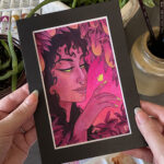 An acrylic gouache painting of a woman's portrait, surrounded by pitcher plants, as she eyes a glowing moth.