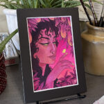 An acrylic gouache painting of a woman's portrait, surrounded by pitcher plants, as she eyes a glowing moth.