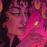 An acrylic gouache painting of a woman's portrait, surrounded by pitcher plants, as she eyes a glowing moth.