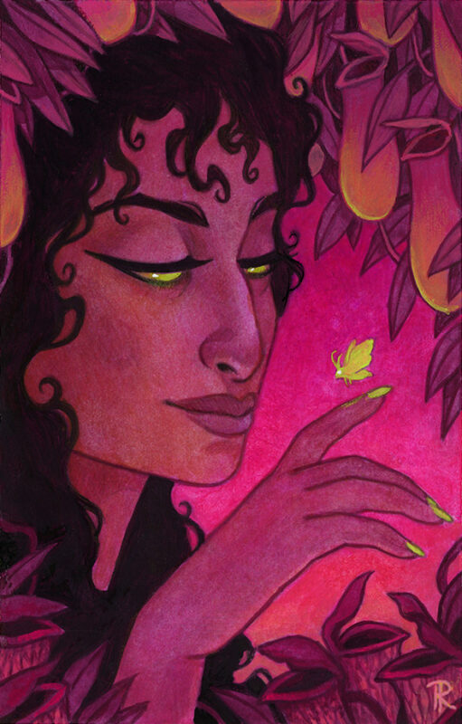 An acrylic gouache painting of a woman's portrait, surrounded by pitcher plants, as she eyes a glowing moth.