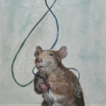 Painting of playful rat holding blue string with teal beads around the floor