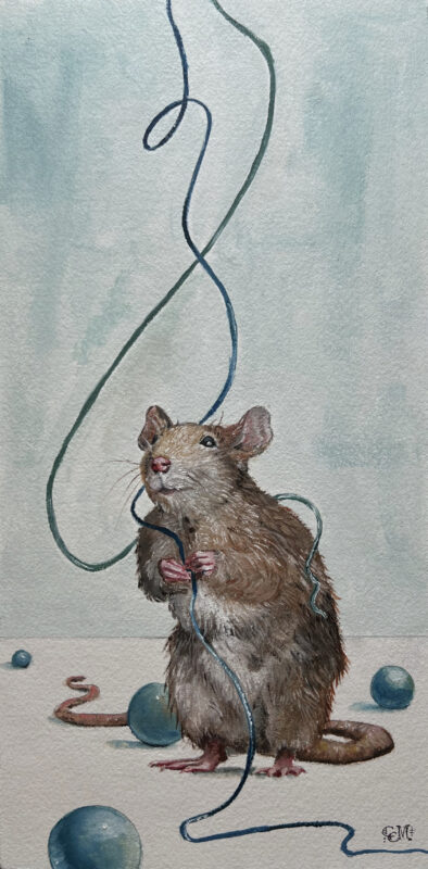 Painting of playful rat holding blue string with teal beads around the floor