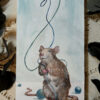 Painting of playful rat holding blue string with teal beads around the floor