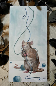 Painting of playful rat holding blue string with teal beads around the floor