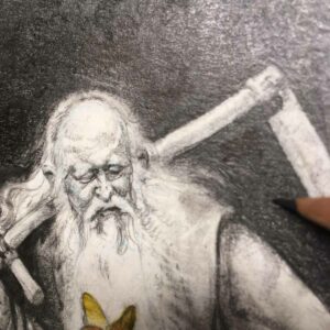 Detail of Time's face with large, blurry pencil for scale