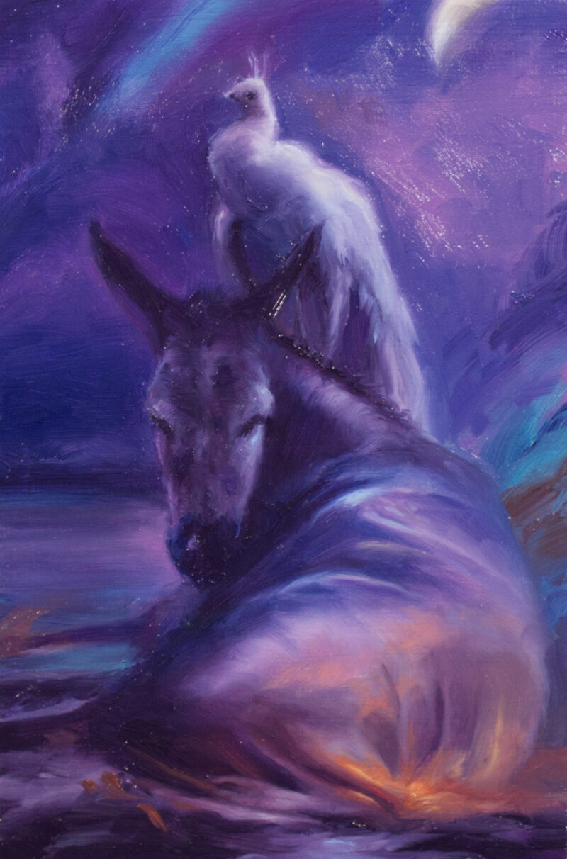 An oil painting of a donkey and a peacock, lit in a purple light by a fire