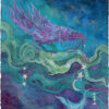 Raven painting. It is a violet raven on green branches with stars, moon, feather hanging from red ribbon.