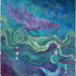 Raven painting. It is a violet raven on green branches with stars, moon, feather hanging from red ribbon.