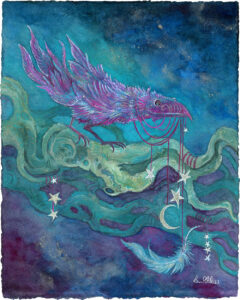 Raven painting. It is a violet raven on green branches with stars, moon, feather hanging from red ribbon.