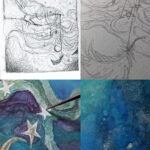 Work in progress shots of the raven painting. Sketch and line art, then close up of colors