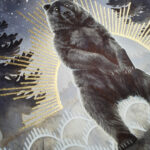 Ink painting of a dark bear standing up, framed by tall grass and fir trees, starry sky with a stylized crescent moon and sun with golden rays.