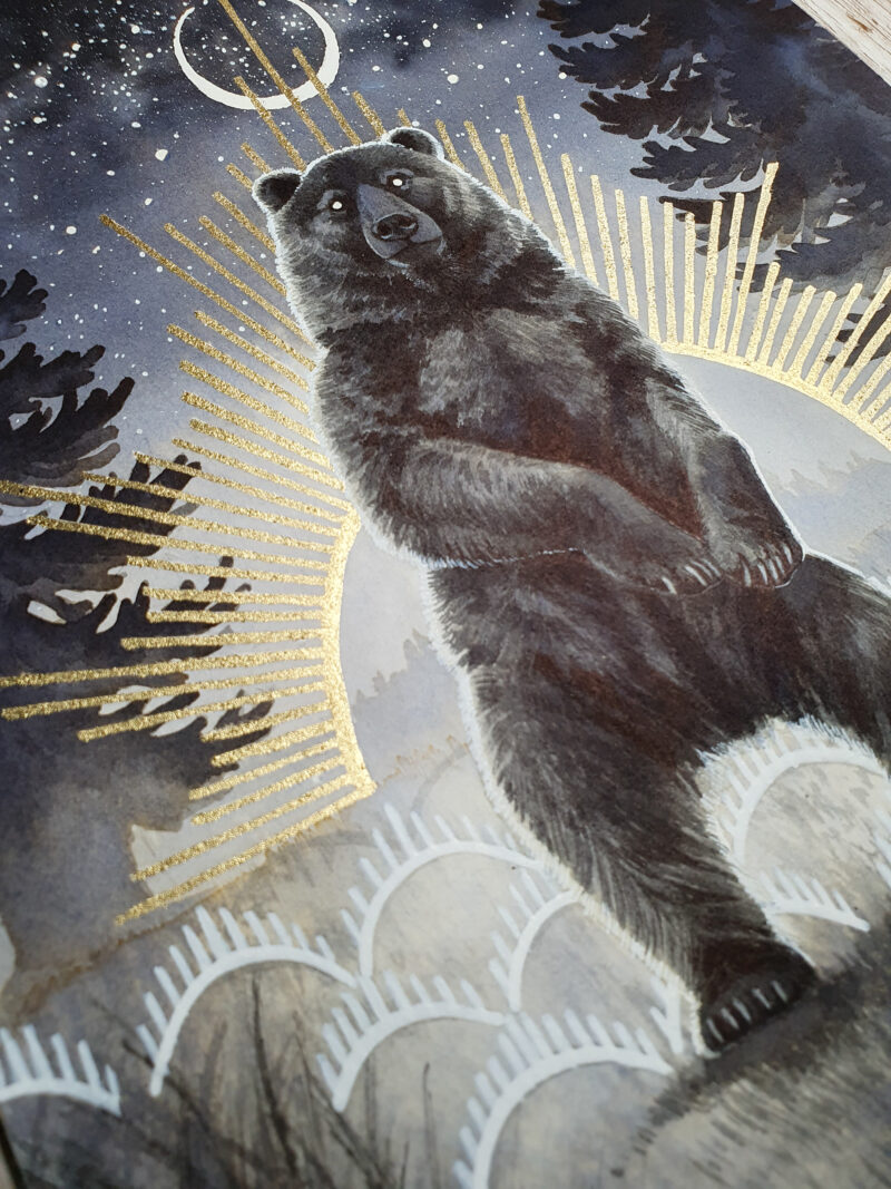 Ink painting of a dark bear standing up, framed by tall grass and fir trees, starry sky with a stylized crescent moon and sun with golden rays.