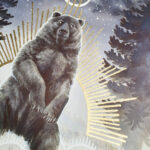 Ink painting of a dark bear standing up, framed by tall grass and fir trees, starry sky with a stylized crescent moon and sun with golden rays.