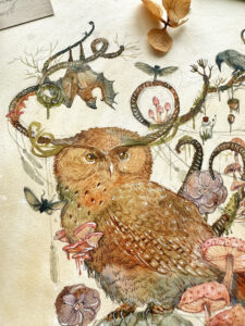 Watercolour painting of Magical owl from a cabinet of curiosities.