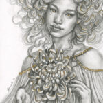 Bloom. Graphite drawing by Dianita. Drawing of a female representing figure with flowing hair made out of curvy lines. Soft smile on her face, looking straight to the viewer. Between her hands is a blooming chrysanthemum.