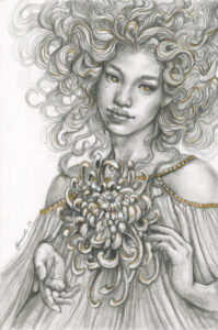 Bloom. Graphite drawing by Dianita. Drawing of a female representing figure with flowing hair made out of curvy lines. Soft smile on her face, looking straight to the viewer. Between her hands is a blooming chrysanthemum.