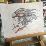 ink portrait of a woman with a chin piece and small head piece.