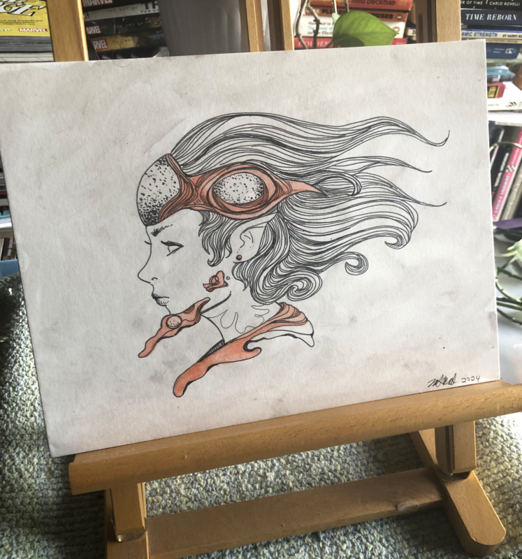 ink portrait of a woman with a chin piece and small head piece.