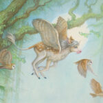 A young unicorn with wings takes flight in a dark forest