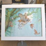 Studio photograph of the painting, "The Fledgling", matted