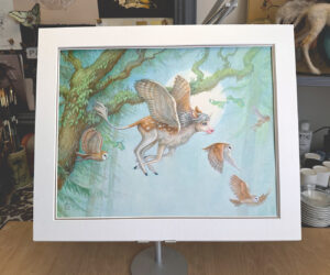 Studio photograph of the painting, "The Fledgling", matted