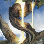 Tree with a golden waterfall and a golden moon behind. There is a stream of water underneath the tree.