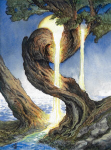 Tree with a golden waterfall and a golden moon behind. There is a stream of water underneath the tree.