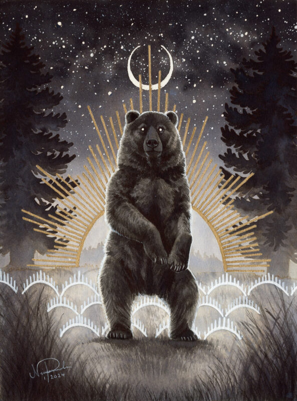 Ink painting of a dark bear standing up, framed by tall grass and fir trees, starry sky with a stylized crescent moon and sun with golden rays.