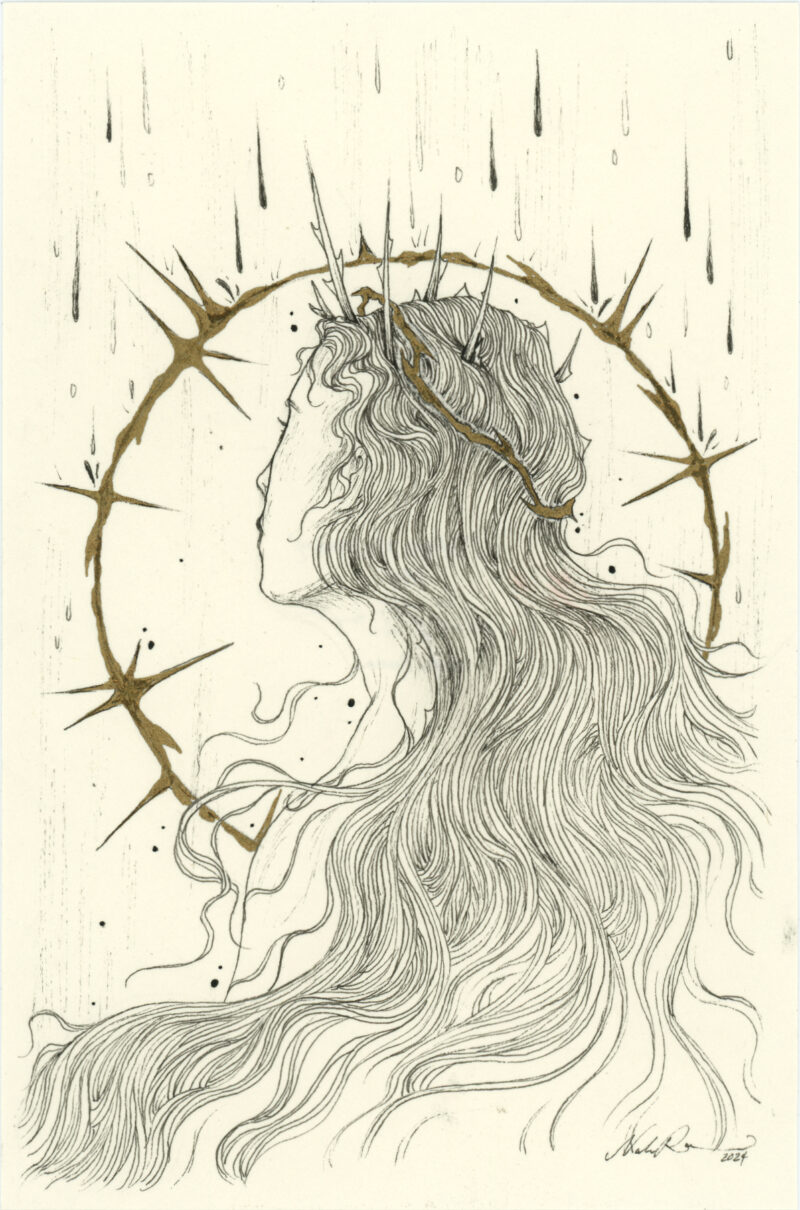 Drawing of a woman with thorns surrounding her.