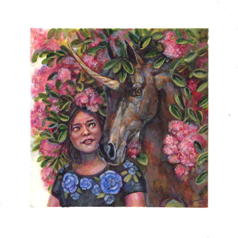 A mixed media painting of a woman or female representing character next to an unicorn. The unicorn is dark brown with a hand embellished gold paint horn. They're surrounded by bunches of pink flowers and green leaves.