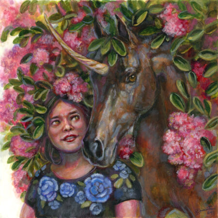 A mixed media painting of a woman or female representing character next to an unicorn. The unicorn is dark brown with a hand embellished gold paint horn. They're surrounded by bunches of pink flowers and green leaves.