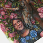 A mixed media painting of a woman or female representing character next to an unicorn. The unicorn is dark brown with a hand embellished gold paint horn. They're surrounded by bunches of pink flowers and green leaves. Close up