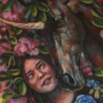 A mixed media painting of a woman or female representing character next to an unicorn. The unicorn is dark brown with a hand embellished gold paint horn. They're surrounded by bunches of pink flowers and green leaves.
