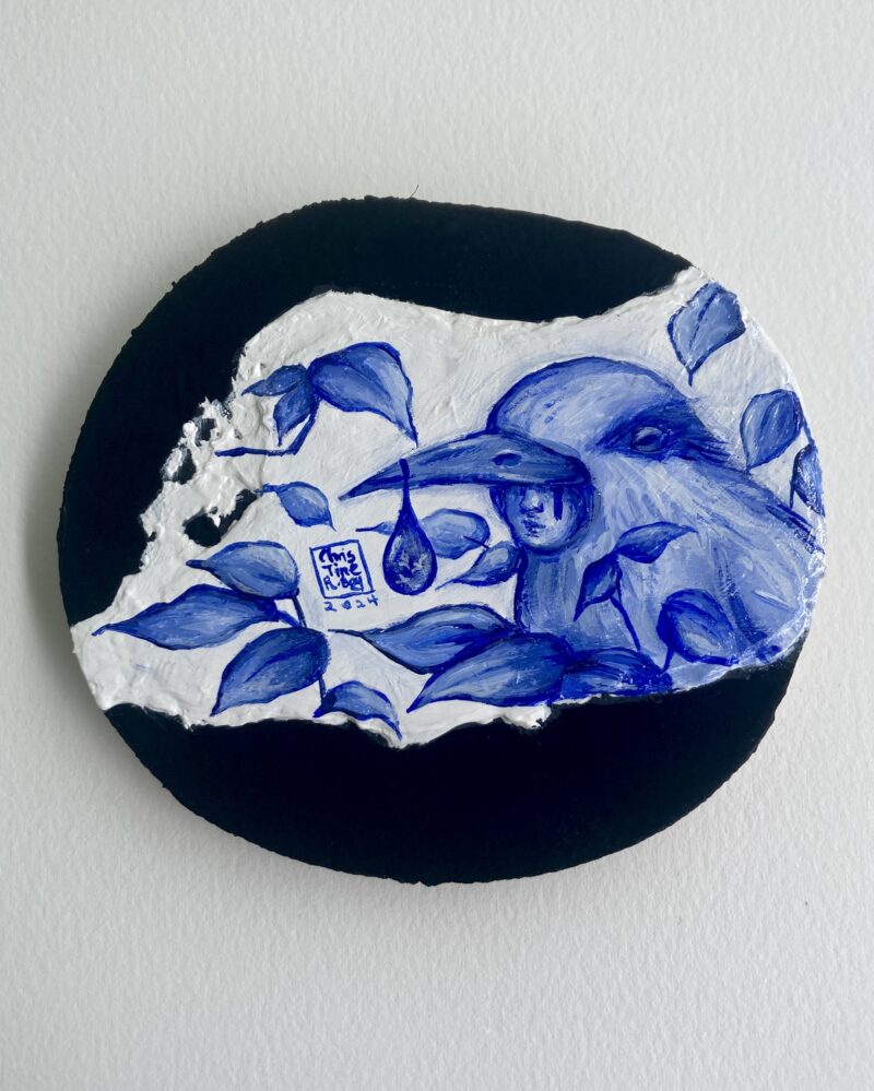 "Metamorphs de Mini Porcelaine, The Bearer of Non-time (Black-naped Oriole)" - by Christine R. Bay