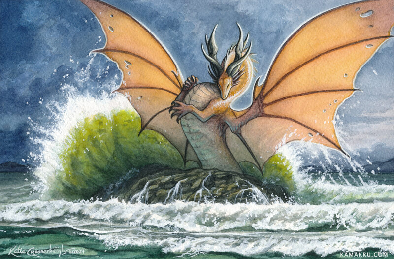 Flat image of the artwork. An orange dragon flares its wings wide as it rears up over a rock in the ocean. A green wave crashes up over the rock from behind the dragon, as rivulets of water run over the rocks. Waves roll in the foreground .