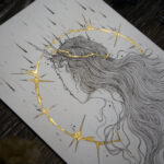 Drawing of a woman with thorns surrounding her.