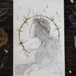 Drawing of a woman with thorns surrounding her.