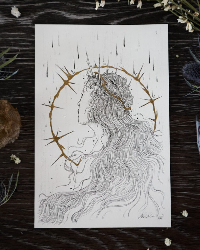 Drawing of a woman with thorns surrounding her.