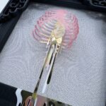 Pink iridescent ribcage holding white heart with gold veins, dripping gold blood