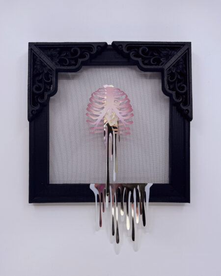 Pink iridescent ribcage holding white heart with gold veins, dripping gold blood