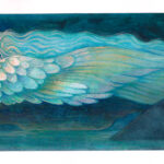 The West Wind, a painting of blue and yellow and soft pink, depicting an anthropomorphized vision of the west wind flying over fjords at night under the full moon.