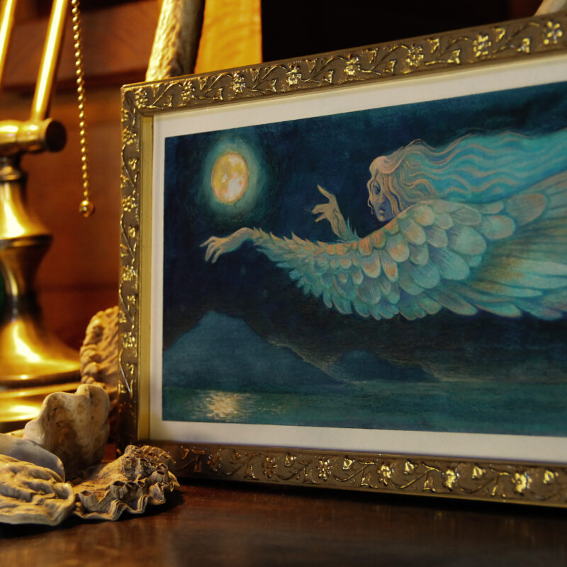 The West Wind, a painting of blue and yellow and soft pink, depicting an anthropomorphized vision of the west wind flying over fjords at night under the full moon. The painting is framed in a gilded frame with small flower details.