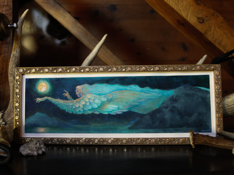 The West Wind, a painting of blue and yellow and soft pink, depicting an anthropomorphized vision of the west wind flying over fjords at night under the full moon. The painting is framed in a gilded frame with small flower details. A cat walks down the stairs behind the painting.