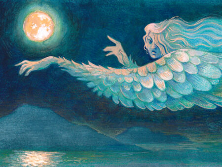 The West Wind, a painting of blue and yellow and soft pink, depicting an anthropomorphized vision of the west wind flying over fjords at night under the full moon. This is a closer detail shot, showing the brush strokes and pencil crayon marks of the image.