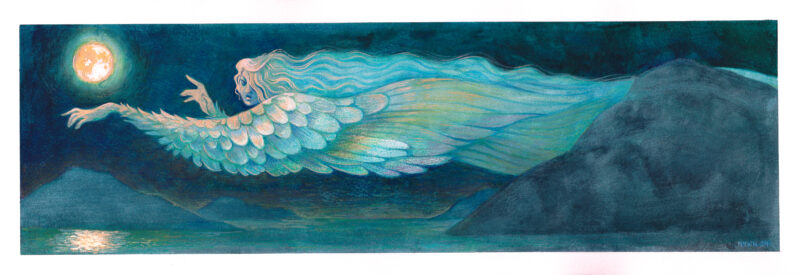 The West Wind, a painting of blue and yellow and soft pink, depicting an anthropomorphized vision of the west wind flying over fjords at night under the full moon.