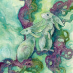 Two rabbits that look like they're almost fairies are sitting on purple branches. They each have four ears.