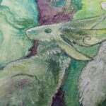 close up photo of watercolor painting of the rabbit.