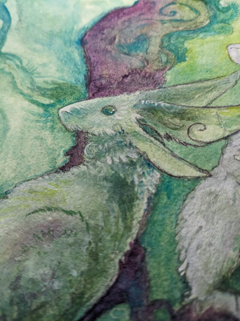 close up photo of watercolor painting of the rabbit.